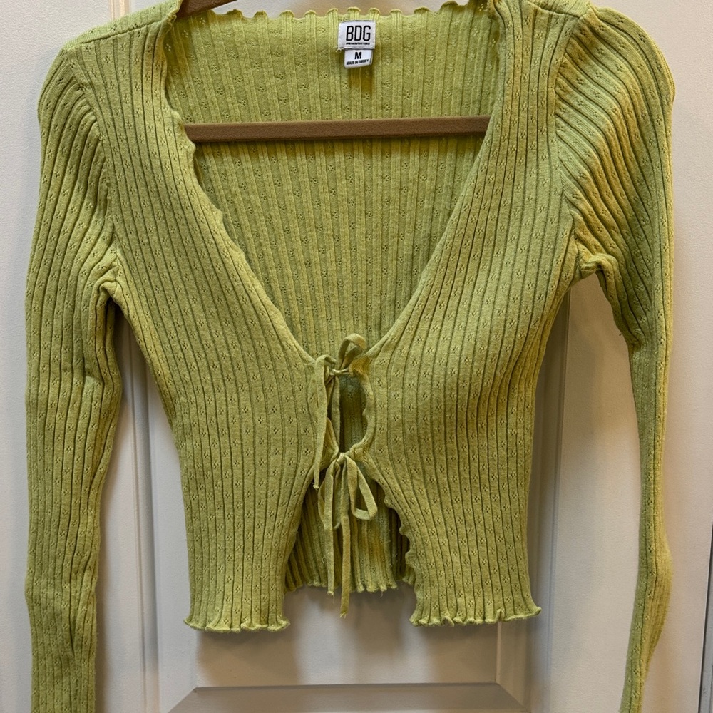 BDG Lime Green Ribbed Tie-Front Sweater Cardigan